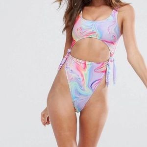 ASOS COLORFUL Marble Print Tie Side High Leg Swimsuit
